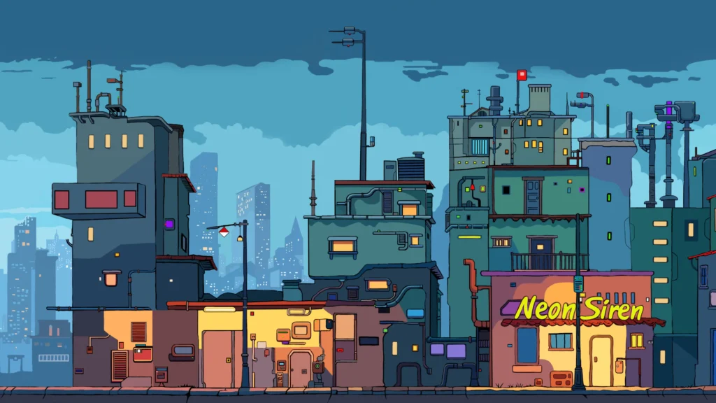 Colorful futuristic neighborhood with compact buildings and a neon sign in a cyberpunk-style city environment