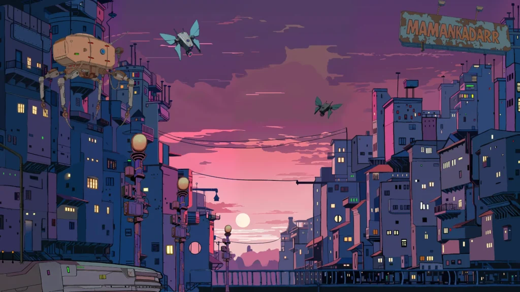 Futuristic city street at sunset with flying drones and a mechanical walker among dense buildings in a dystopian environment