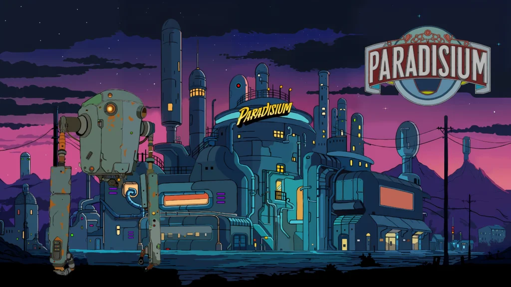 Futuristic dystopian city with industrial buildings and a robot standing in front of a structure labeled Paradisium at night